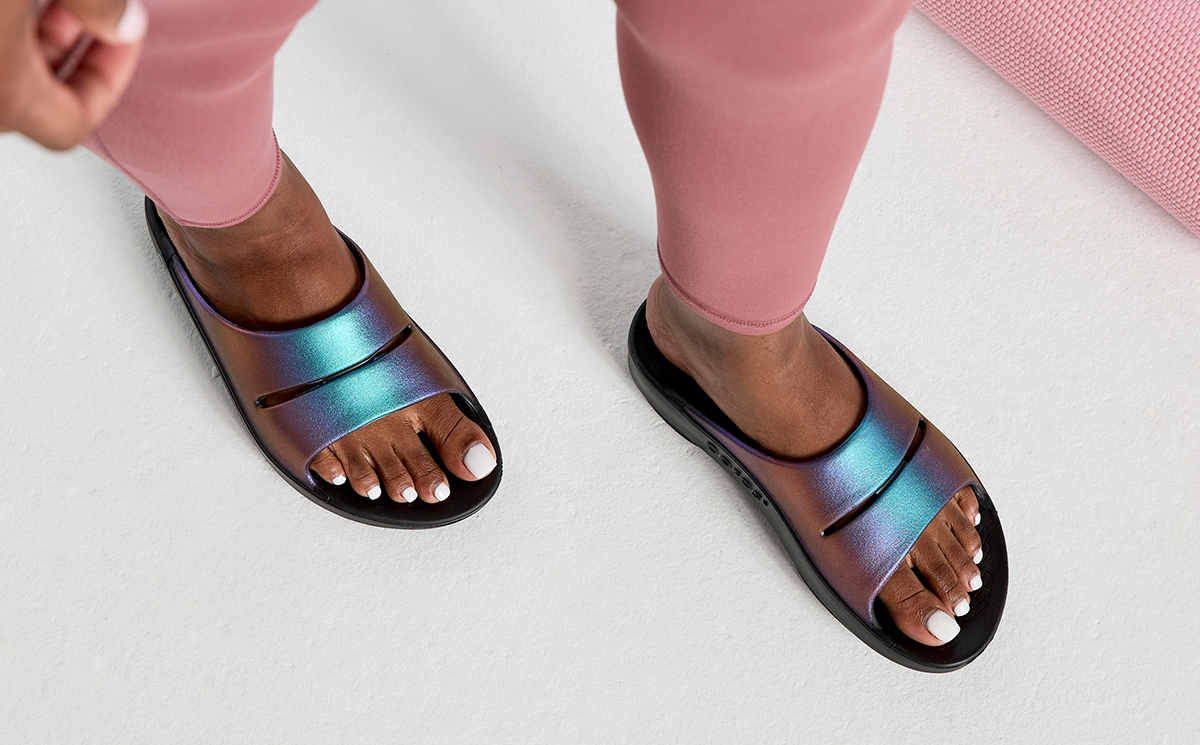 Women's OOahh Luxe Slide Sandal - Midnight Spectre studio top view image of shoes on model | lifestyle