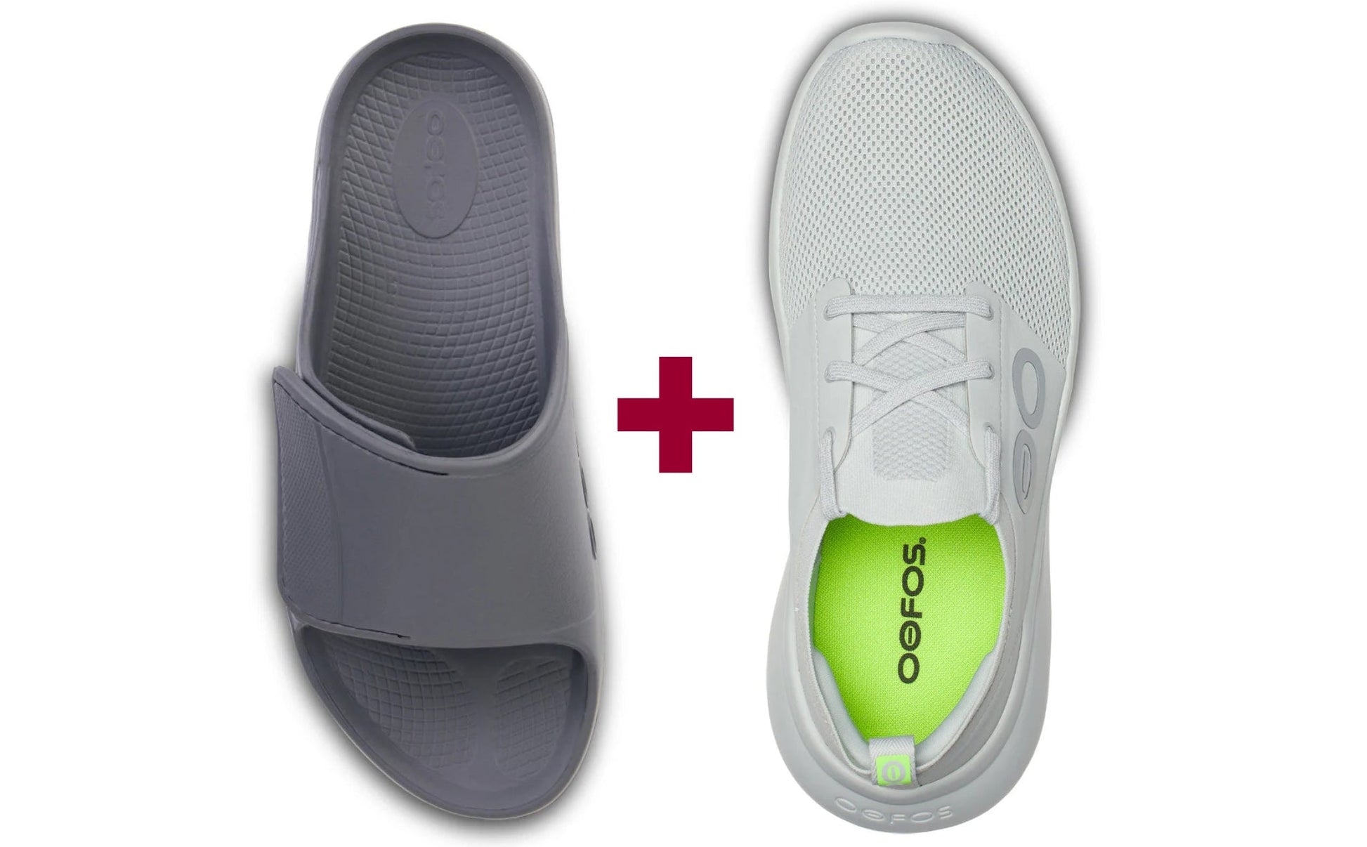 Gray slide sandal and white athletic shoe with green sole on a white background, featuring the Oofos logo.