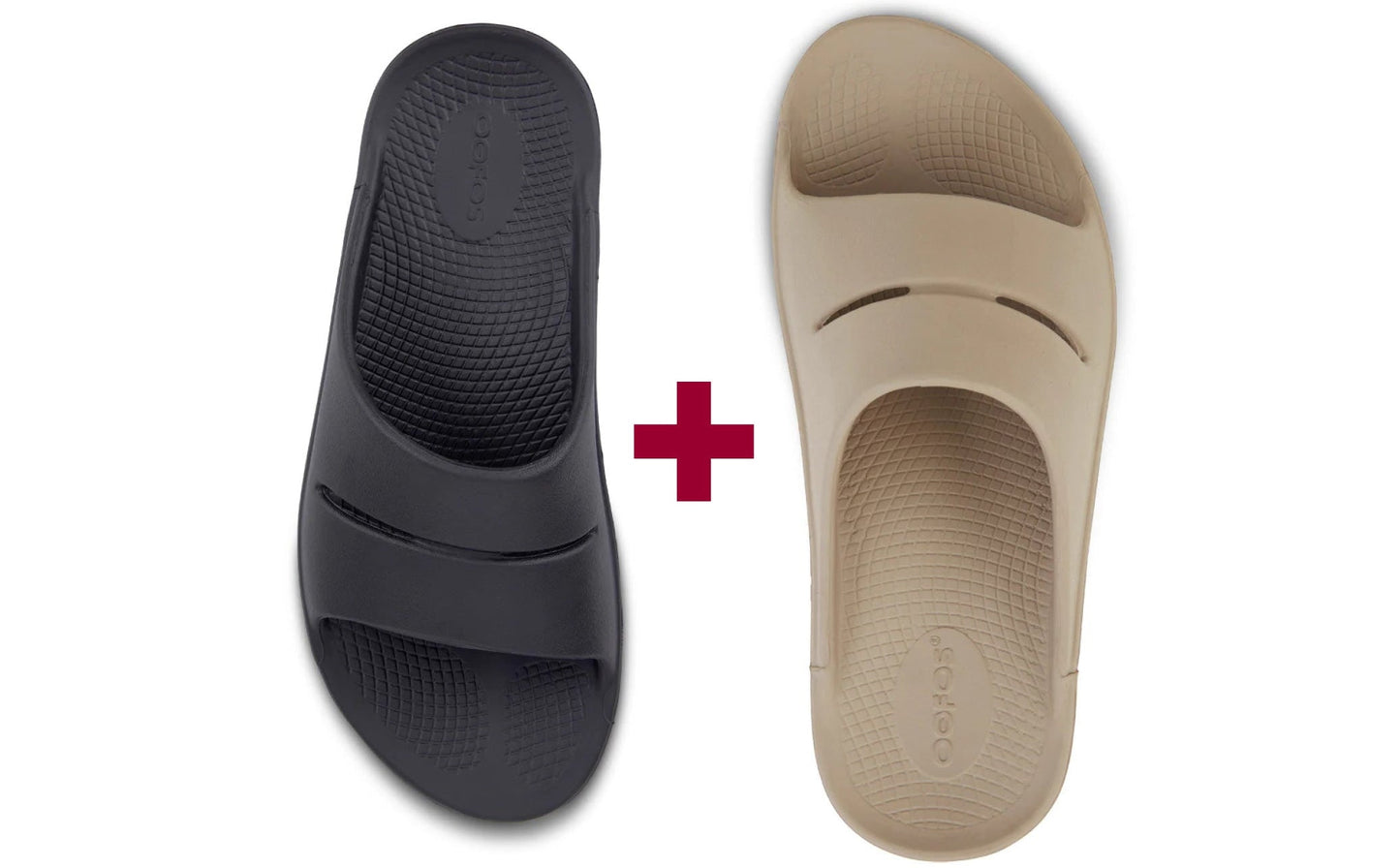 Black and beige slide sandals on a white background