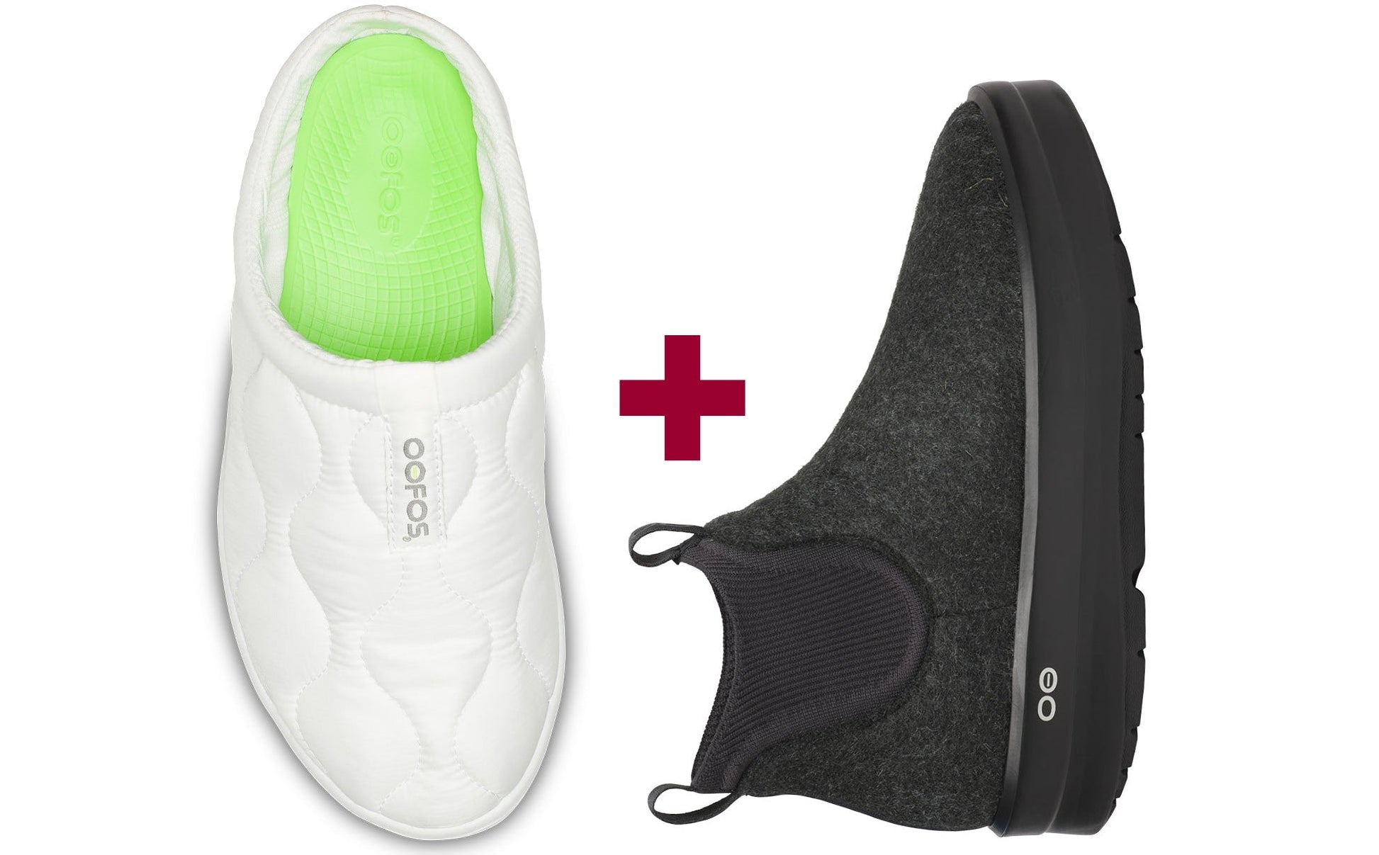White shoe with green sole and black shoe on a white background