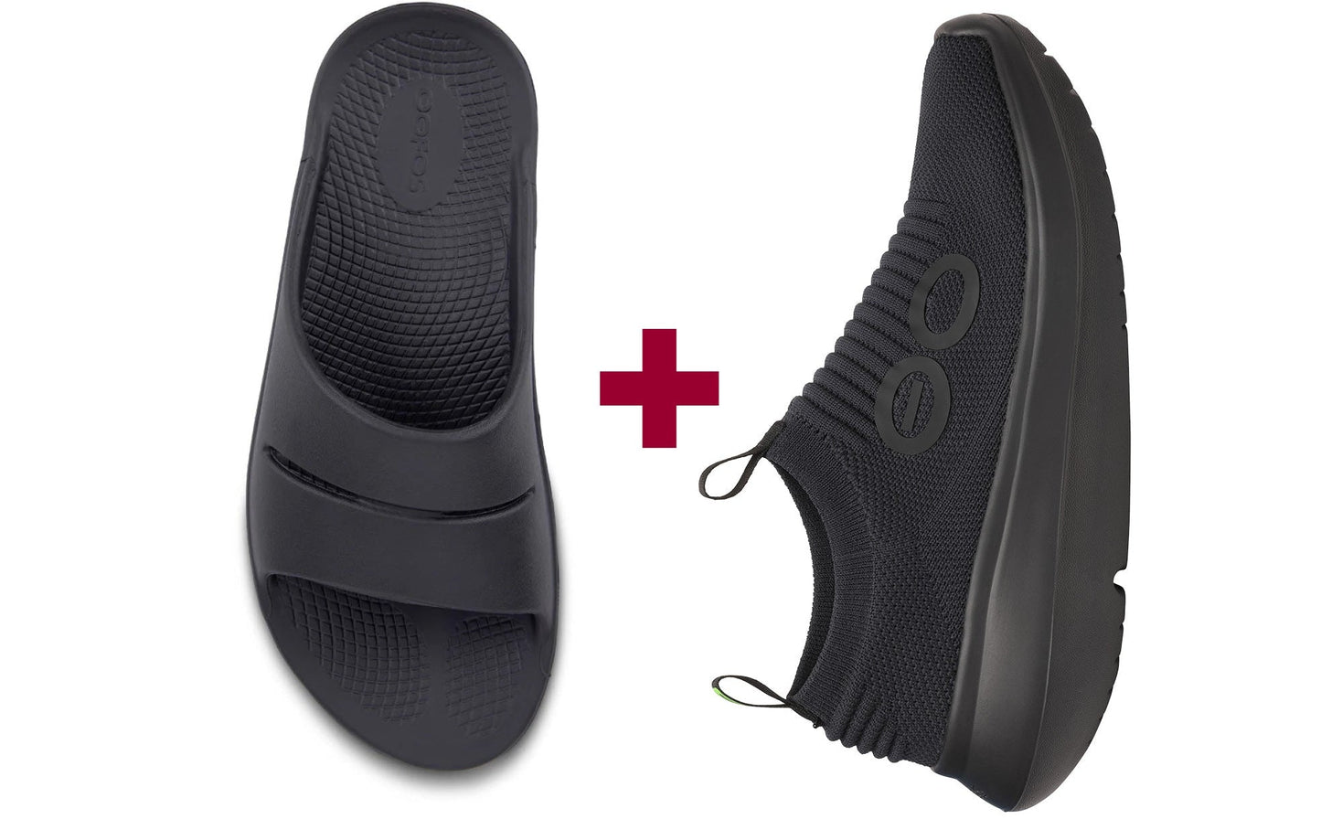 Black sandal and black shoe with a red plus sign on a white background