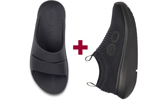 Black sandal and black shoe with a red plus sign on a white background