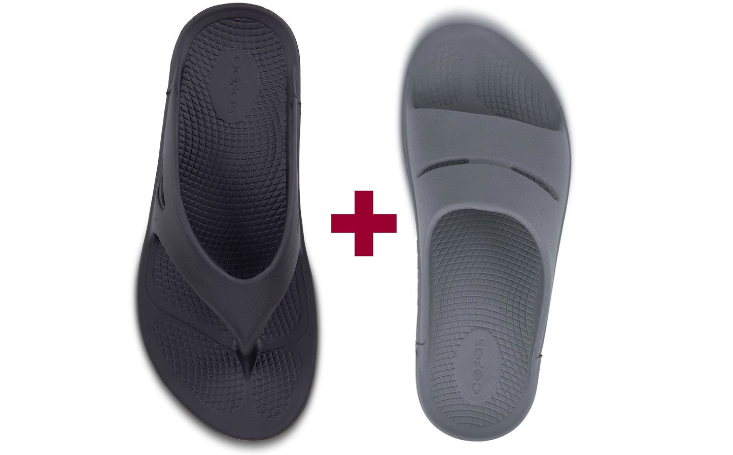 Two pairs of sandals, one black and one gray, on a white background with a red plus sign between them.