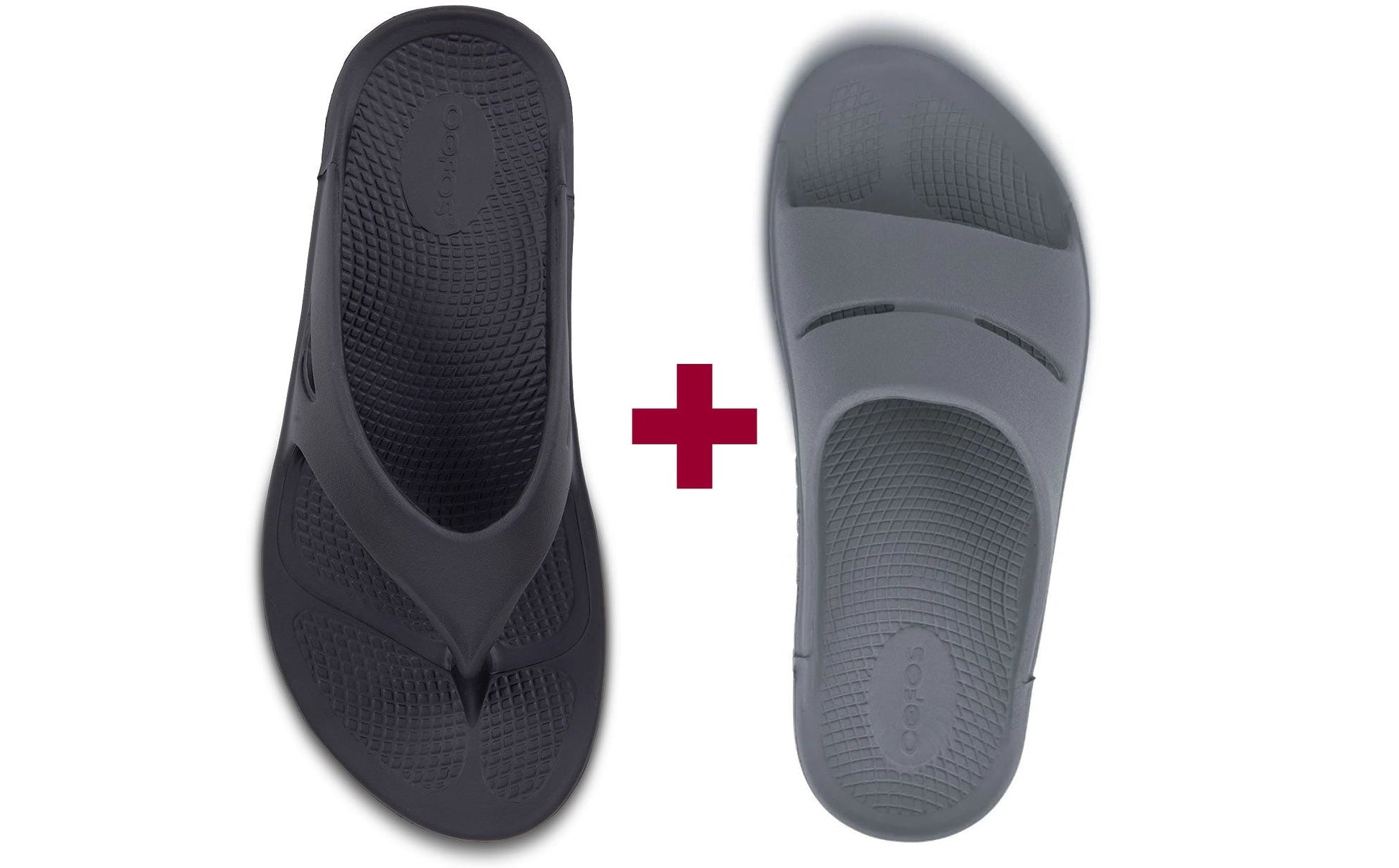 Two pairs of sandals, one black and one gray, on a white background with a red plus sign between them.