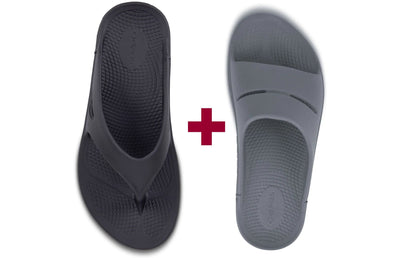Two pairs of sandals, one black and one gray, on a white background with a red plus sign between them.