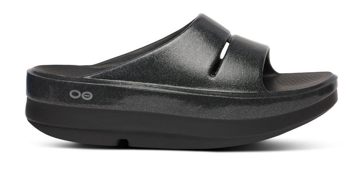 Women's OOmega OOahh Stacked Sandal - Black Sparkle lateral view