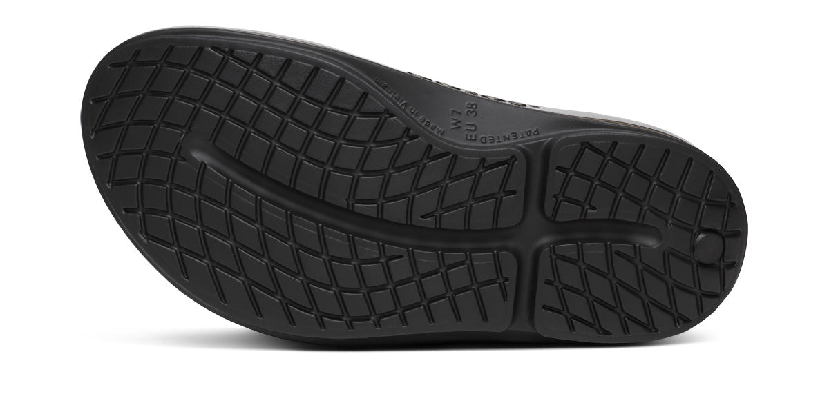 Women's OOmega OOahh Stacked Sandal - Titanium Mirror bottom view