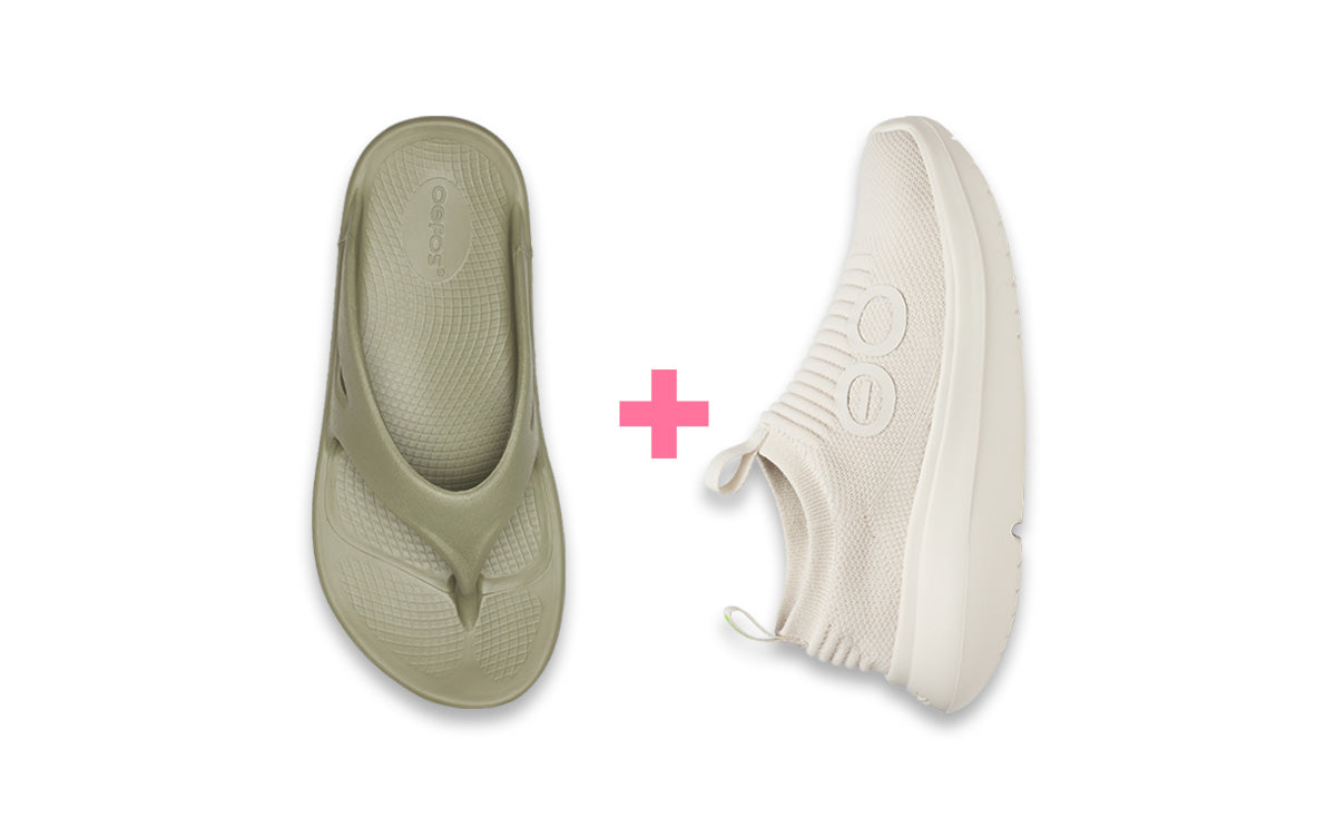 Pair of green flip-flops and white sneakers on a white background