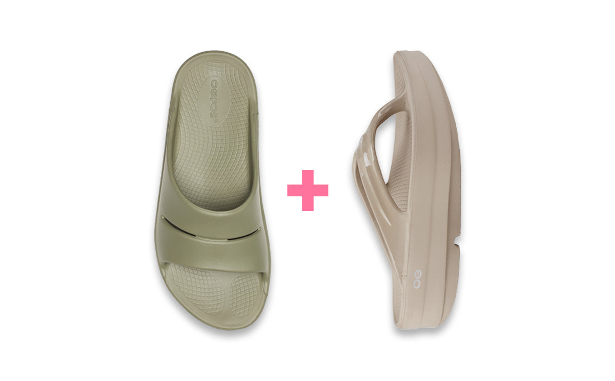 Two pairs of sandals, one green and one beige, on a white background with a pink plus sign.