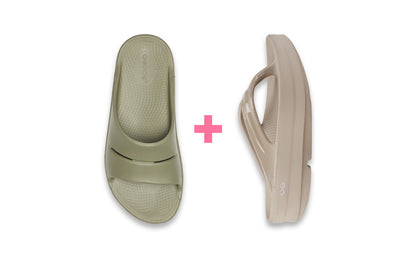 Two pairs of sandals, one green and one beige, on a white background with a pink plus sign.