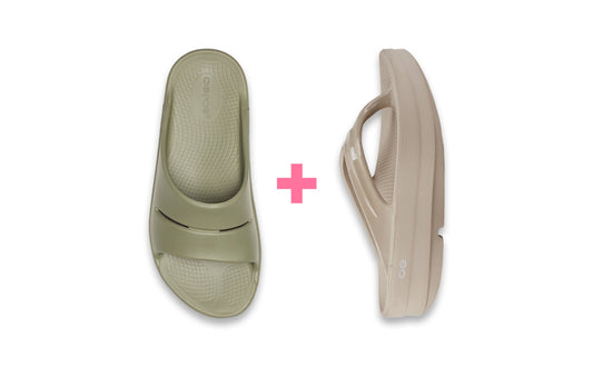 Two pairs of sandals, one green and one beige, on a white background with a pink plus sign.