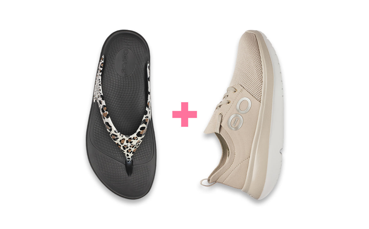 Black sandal with leopard print strap and beige sneaker on a white background