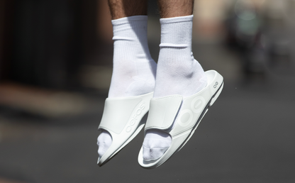 Men's OOahh Sport Flex Sandal - White close up side view of shoes on model | lifestyle
