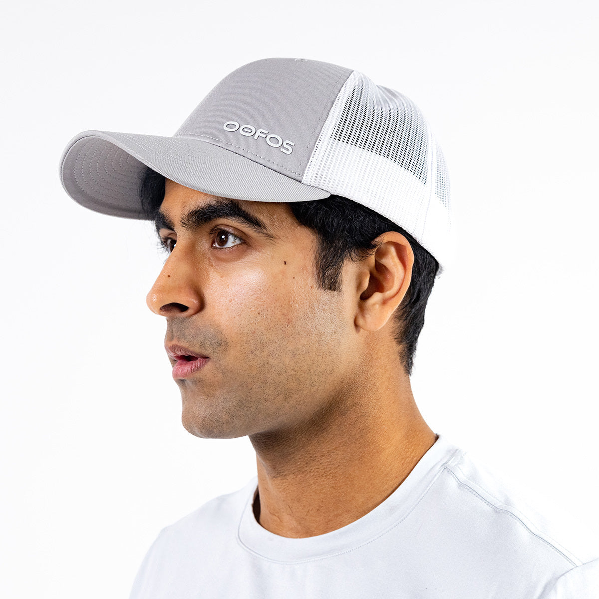 OOsnap Cap Unisex - White Gray side view of logo on model | lifestyle