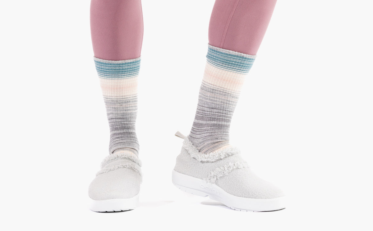 Women's OOcoozie Low Shoe -  Light Gray close up front view image of model wearing shoes in studio