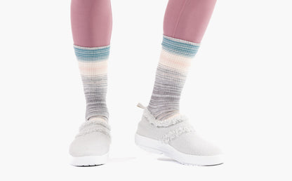 Women's OOcoozie Low Shoe -  Light Gray close up front view image of model wearing shoes in studio